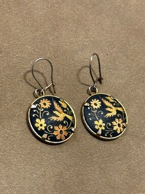 Hand-Painted Black and Gold Floral Drop Earrings